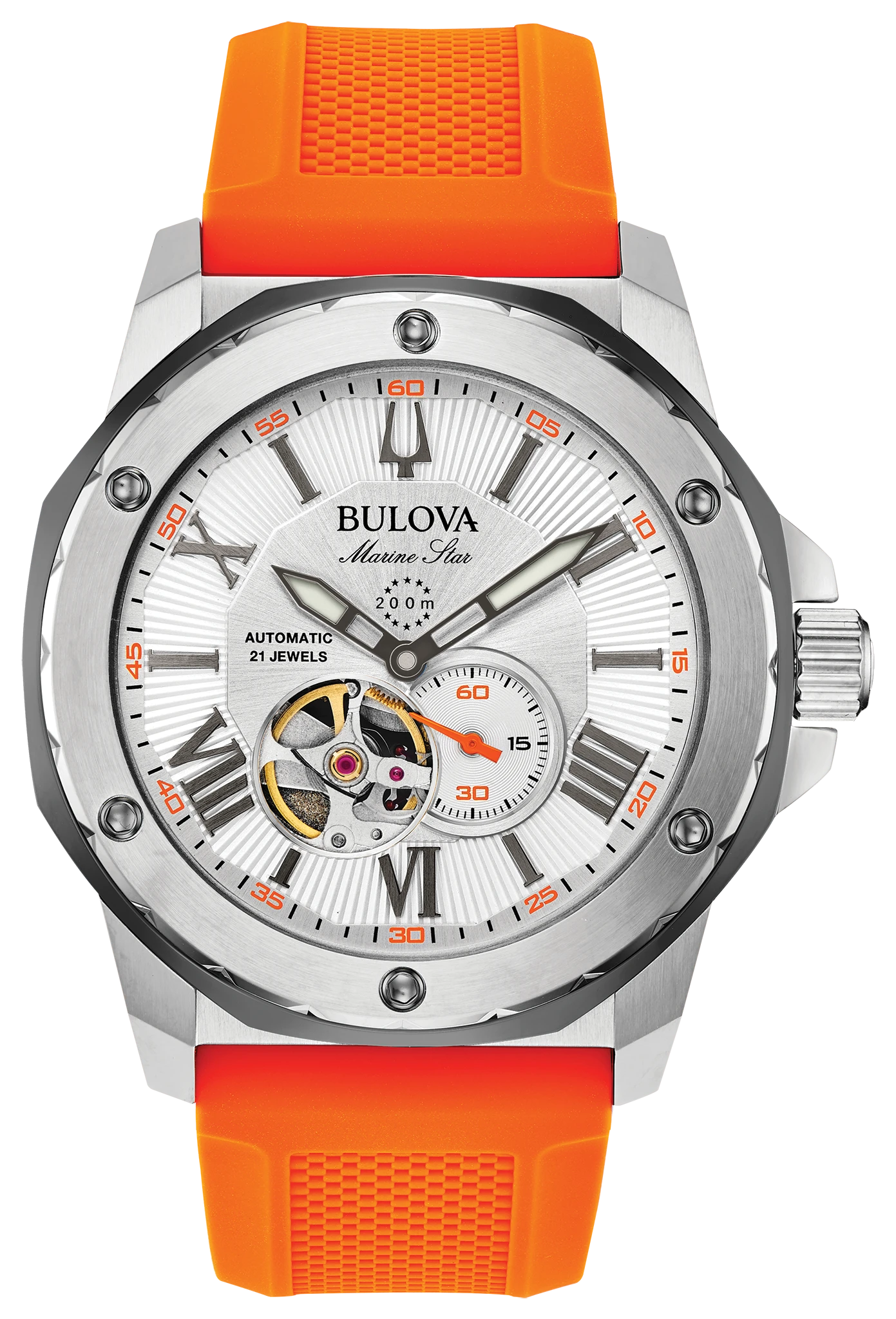 Bulova Marine Star Men's Silver Orange Silicone Strap Watch | Bulova